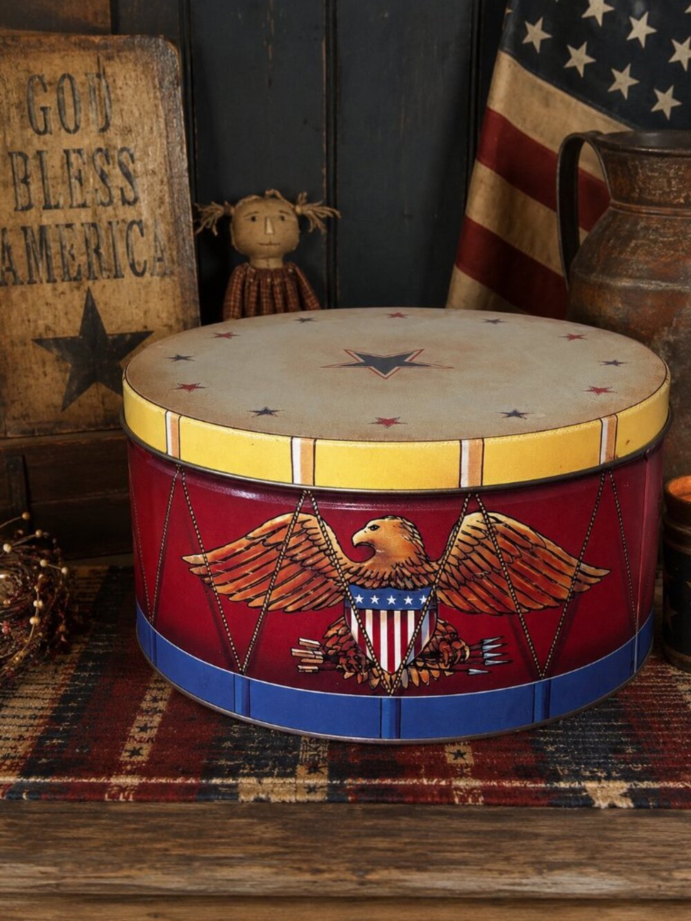 Vintage Patriotic Eagle Metal Tin Canister Americana Drum Style 10” Storage Box